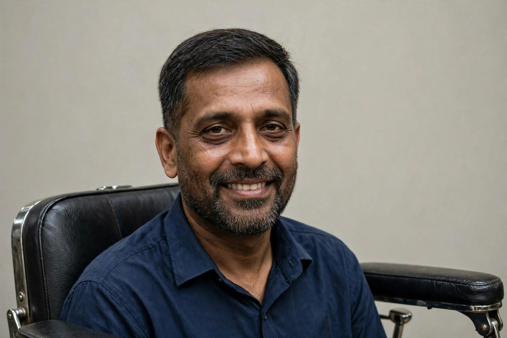 Same man with crisp haircut and trimmed beard after barber visit
