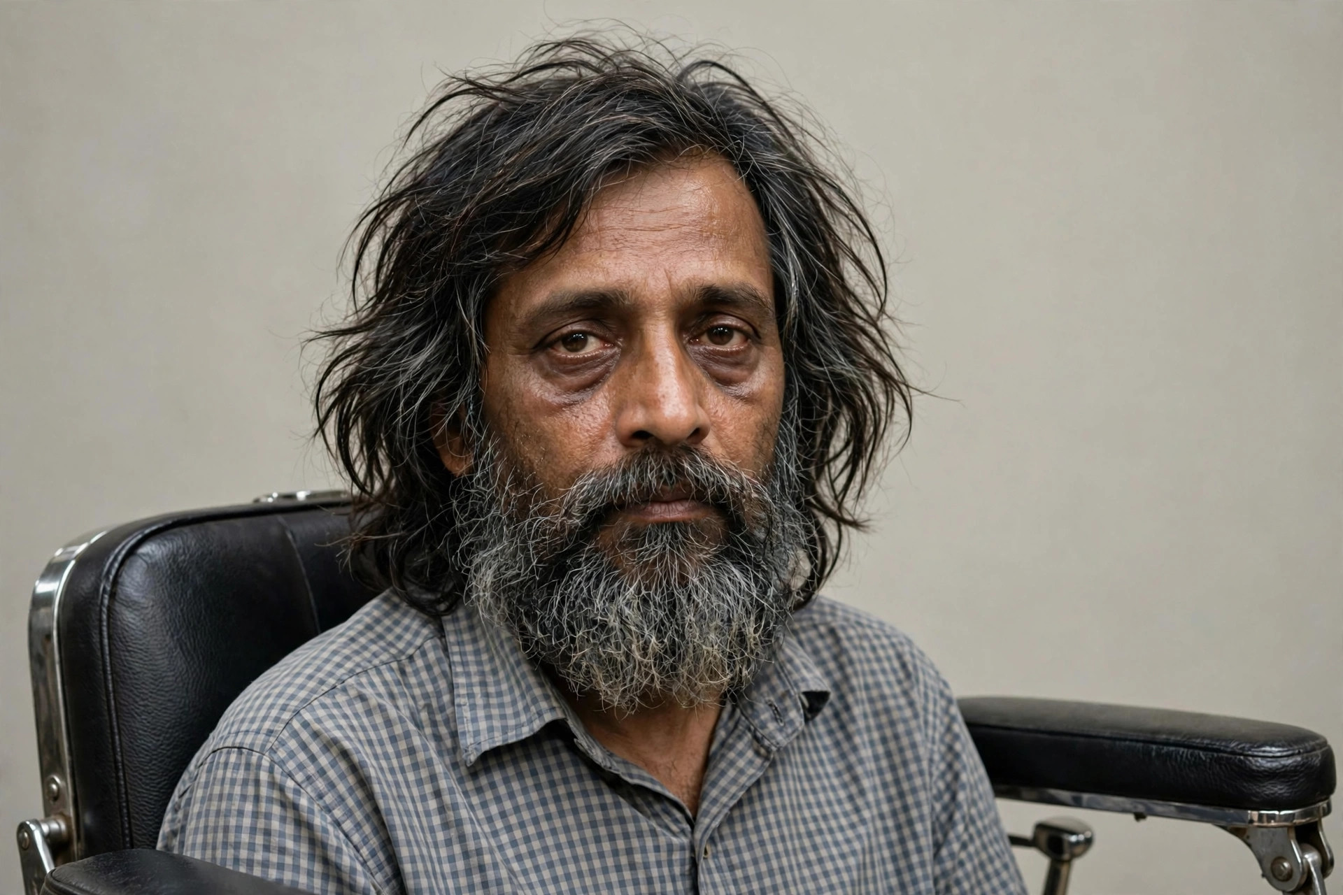 Man with shaggy hair and overgrown beard before barber visit